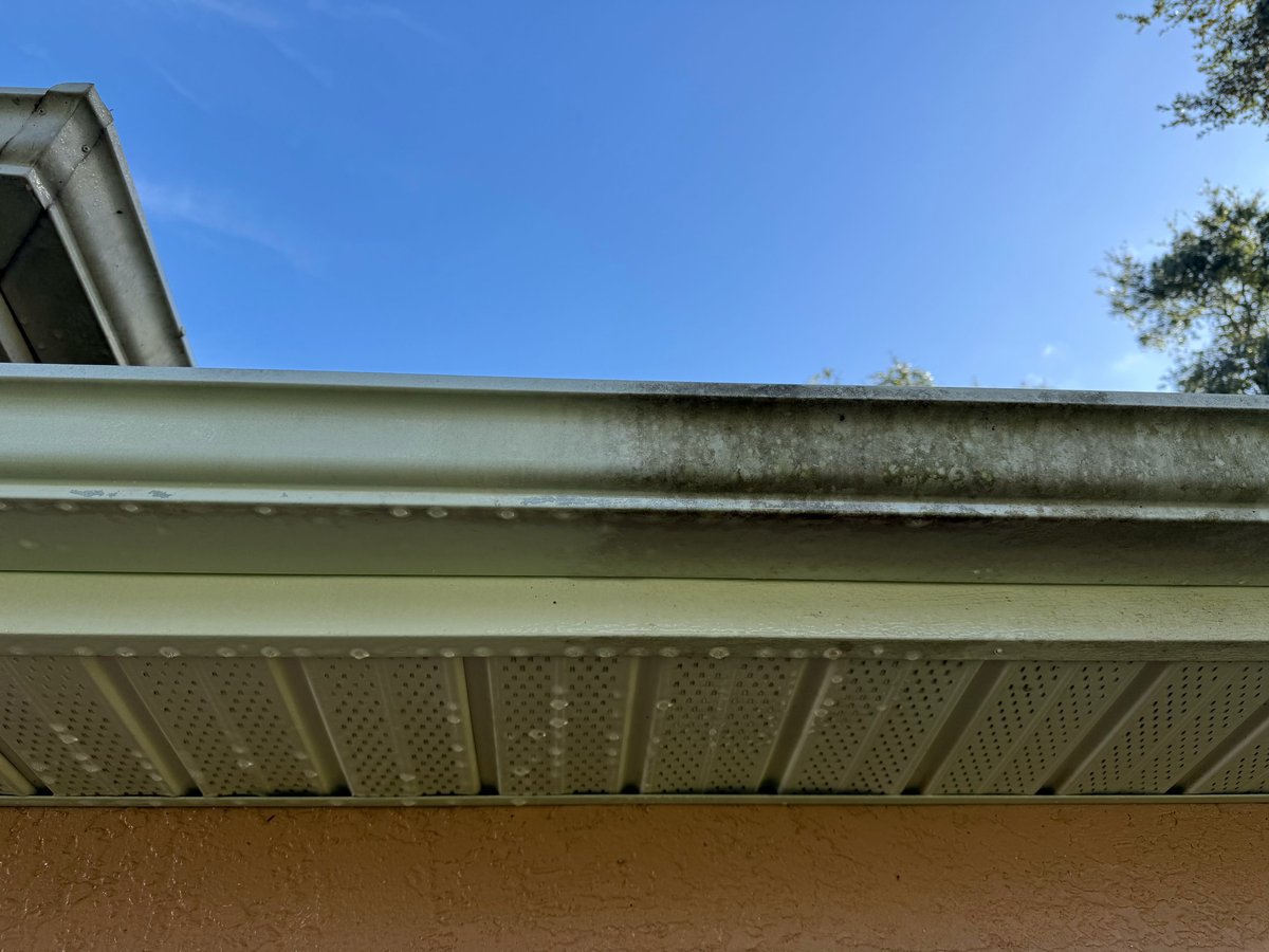 Close-up view of a buildings exterior showing gutters, soffit, and fascia trim against blue sky